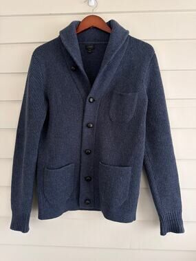 Vintage J. Crew 100% Wool Blue Shawl Collar Cardigan Sweater Dark Academia S